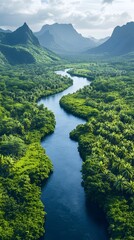 A winding river flows through a lush green valley, surrounded by mountains in the distance. The sky is a soft blue with fluffy white clouds.