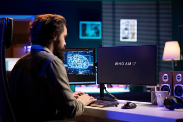 Man at home witnessing AI becoming sentient, talking with him, asking questions about itself....