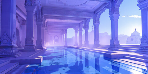 A cool, calming blue-violet permeates a Jain temple, creating a sense of peace and tranquility throughout the space.