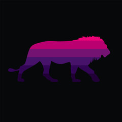 The silhouette of a lion in a retro sunset. Original vector illustration in vintage style isolated on black background.
