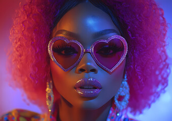 Obraz premium Woman with pink hair wearing heart glasses in neon lighting