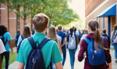 Obraz premium Students walk down a school hallway after class