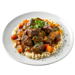 Fototapeta premium Dish of moroccan couscous with succulent beef, veggies, and fragrant herbs on top