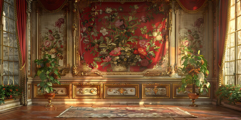 A rich tapestry of reds and golds, woven with intricate floral designs, hanging from the walls of a stately European manor.