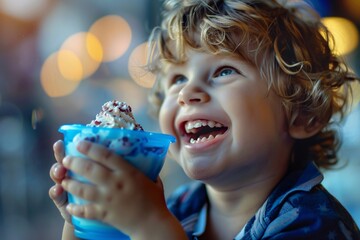 Naklejka premium A happy child with a glass of ice cream in his hands looks joyfully into the blue glass. Close-up, eyes full of joy.