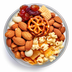 Salty Snacks in bowl, Chips, Pretzel, Crackers, Dried Fruits, texture isolated on white background. Party food mix, appetizers. Product snacks advertising