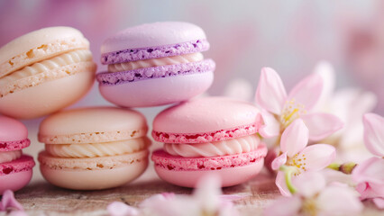 Obraz premium Macarons Sweet French Homemade Dessert with blossom, gift card, pastel background, minimal creative concept. Delicious macarons, detailed. Grocery product advertising.