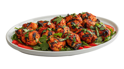 Grilled indian chicken tikka topped with cilantro on a white plate, ready to be used in different designs with a clear background