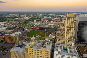 Downtown city skyline at sunrise, Memphis, Tennessee, United States.