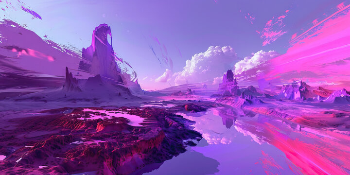 A surreal landscape of purples and pinks, with abstract shapes and forms, creating a dreamlike European landscape.