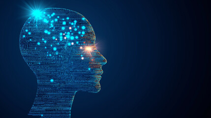 A digital profile of a human head with glowing particles.