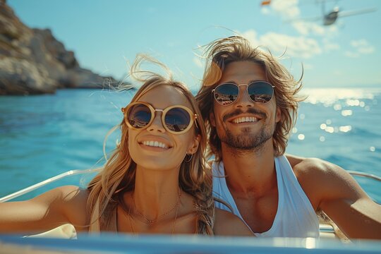 Happy young couple on vacation. A man and a woman laugh and have fun together. Beautiful young woman with flying hair. Against the backdrop of a turquoise sea or ocean.