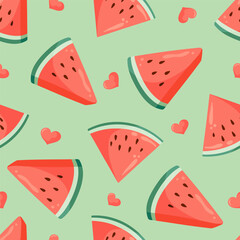 Juicy watermelon slices and small hearts seamless pattern. Summer fruit flat vector illustration. Tropical fruit background for baby fabric, kids textile, packaging, wrapping, scrapbook, wallpaper.