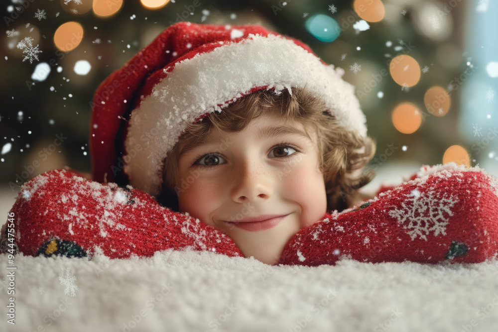 Wall mural adorable child in a santa claus hat closeup of face christmas card style with snow and festive bokeh