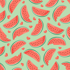 Juicy watermelon slices with small hearts seamless pattern. Summer fruit vector illustration. Tropical fruit background for Valentines day, baby fabric, kids textile, packaging, wrapping, scrapbook