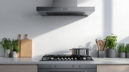 
Modern kitchen interior with a stainless steel stove and range hood, featuring a cooking pot, potted herbs, and wooden utensils on a minimalist countertop.