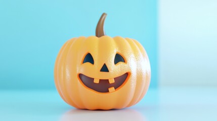 Cute pumpkin Halloween character with a smiling face, set against a soft pastel background with ample copy space