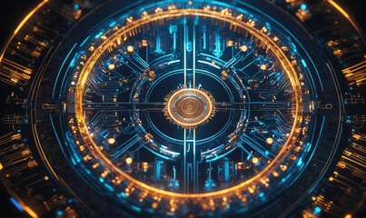 A futuristic, circular, metallic design featuring glowing blue and gold lines