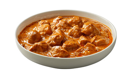 Up-close photo of a delicious bowl of indian chicken curry, with a creamy sauce and juicy chicken chunks on a see-through background