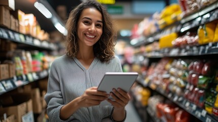 Young woman shopping in a grocery store aisle while using a tablet to look up information or recipes