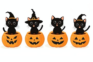 Four playful black cats wearing witch hats sitting in Halloween pumpkins during autumn festivities