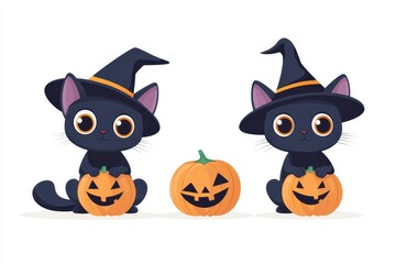 Fototapeta premium Two black cats in witch hats joyfully holding Halloween pumpkins on a playful autumn day