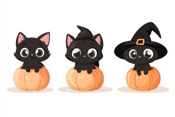 Fototapeta premium Three adorable black cats sitting on pumpkins wearing different expressions and a witch hat for Halloween festivities