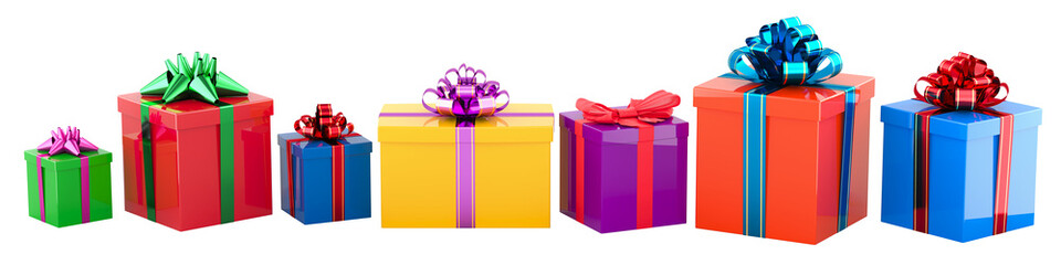 Row from Gift Boxes with colored bows and ribbons, 3D rendering isolated on transparent background