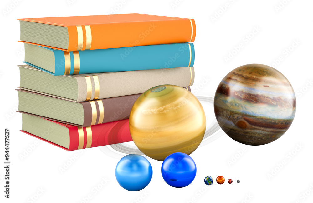 Poster textbooks with planets of solar system and satellites. 3d rendering isolated on transparent backgrou