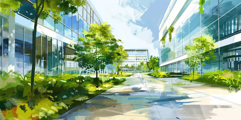 Fototapeta premium An abstract painting of a modern business park, featuring greenery and outdoor spaces, emphasizing the importance of work-life balance.