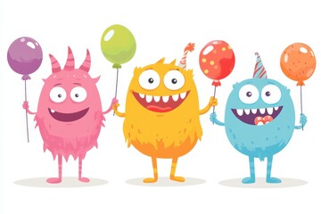 Fototapeta premium Colorful cartoon monsters celebrating a birthday party with balloons and party hats in a joyful atmosphere