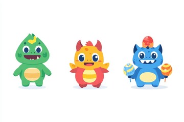 Fototapeta premium Three colorful cartoon creatures with playful expressions holding lollipops in a cheerful design