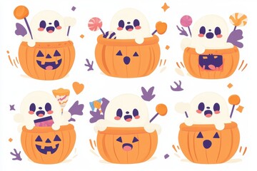 Obraz premium Cute cartoon ghosts celebrating Halloween while playing in pumpkin baskets filled with treats