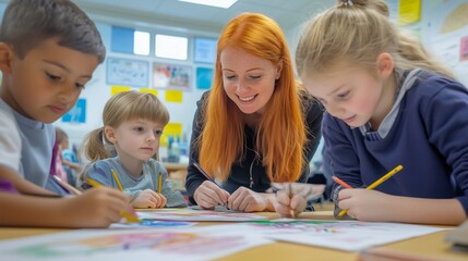 Fototapeta premium Children engage in creative drawing activities under the guidance of a teacher in a bright classroom setting