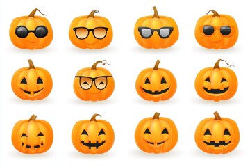 Colorful collection of smiling pumpkins with various expressions and accessories for Halloween fun