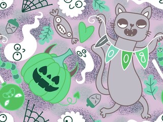 Halloween animals seamless cats and pumpkins pattern for wrapping paper