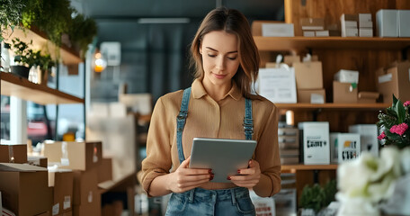 Woman, tablet and checklist for small business, ecommerce and boutique startup with online sales. Owner, delivery planning and digital website for internet store, retail service and quality control