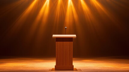 A wooden podium illuminated by warm stage lights, perfect for presentations, speeches, and conferences.