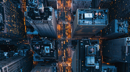 Aerial view of bustling city streets filled with yellow taxis  