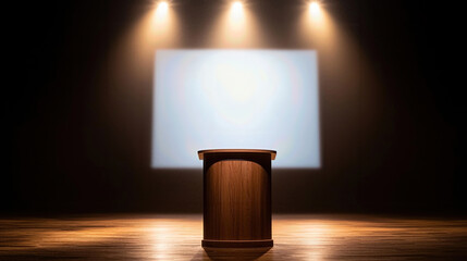 A professional podium under dramatic spotlight ready for a presentation, with a blank screen in the background for audience engagement.