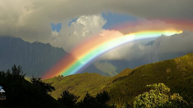 Animation of mountains with colorful rainbow in cloudy sky over field. Nature landscape after storm. Spring morning. St Patrick Day holiday symbol