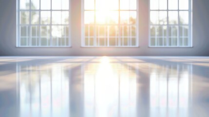 A bright, sunlit room showcasing large windows and a reflective floor, creating a peaceful and inviting atmosphere.