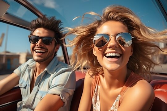 Happy young couple driving in convertible car on road trip. Man and woman laughing and having fun together. Beautiful young woman with flying hair in the air.

