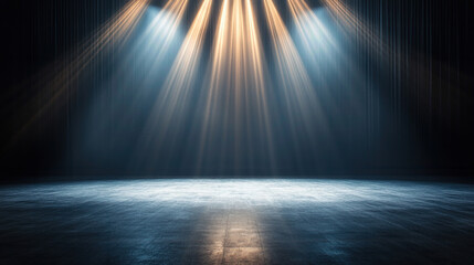 Fototapeta premium A dramatic stage scene with beams of light illuminating a polished floor, perfect for theater or performance backdrops.