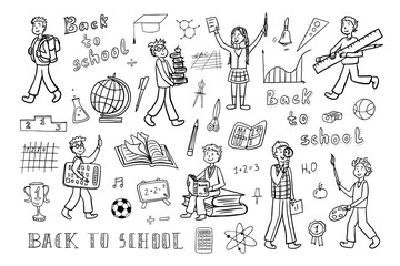 Obraz premium Large set of school icons. Back to school. Education. School students. Doodle style. Great for textile fabric design, wrapping paper, banner, posters, cards, stickers, professional design.