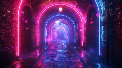 A narrow alleyway lined with brick walls, illuminated by vibrant pink and blue neon lights.  The wet cobblestones reflect the glowing arches overhead, creating a mysterious and atmospheric scene.