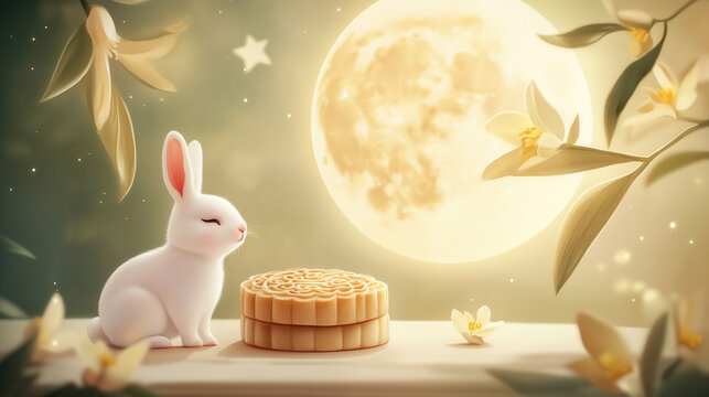 Cute moon festival rabbit with copy space and mooncake