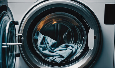 A blue towel sits inside a washing machine, ready to be cleaned