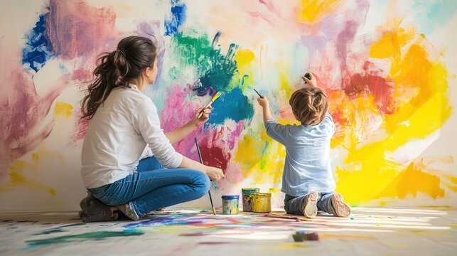 Parent and child painting a colorful mural together in a creative and imaginative home art project