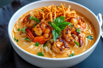 Fototapeta premium A bowl of Thai curry noodle soup with shrimp, coconut milk, and fragrant curry paste, topped with crispy noodles